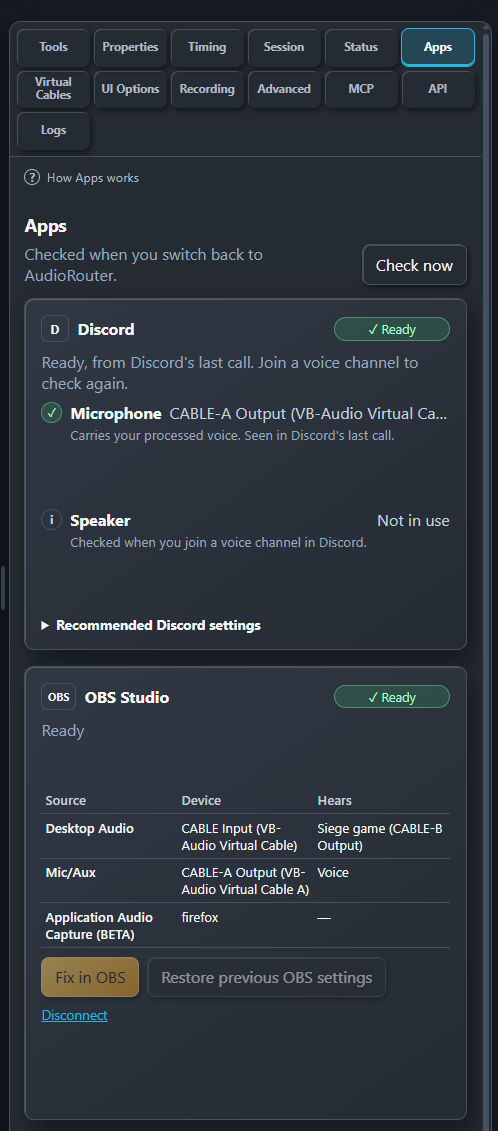 AudioRouter's Apps tab: the Discord card is Ready, with CABLE-A Output as the microphone seen in Discord's last call; the OBS Studio card is Ready, with Desktop Audio on CABLE Input hearing the Siege game, Mic/Aux on CABLE-A Output hearing the voice, and a Firefox application capture