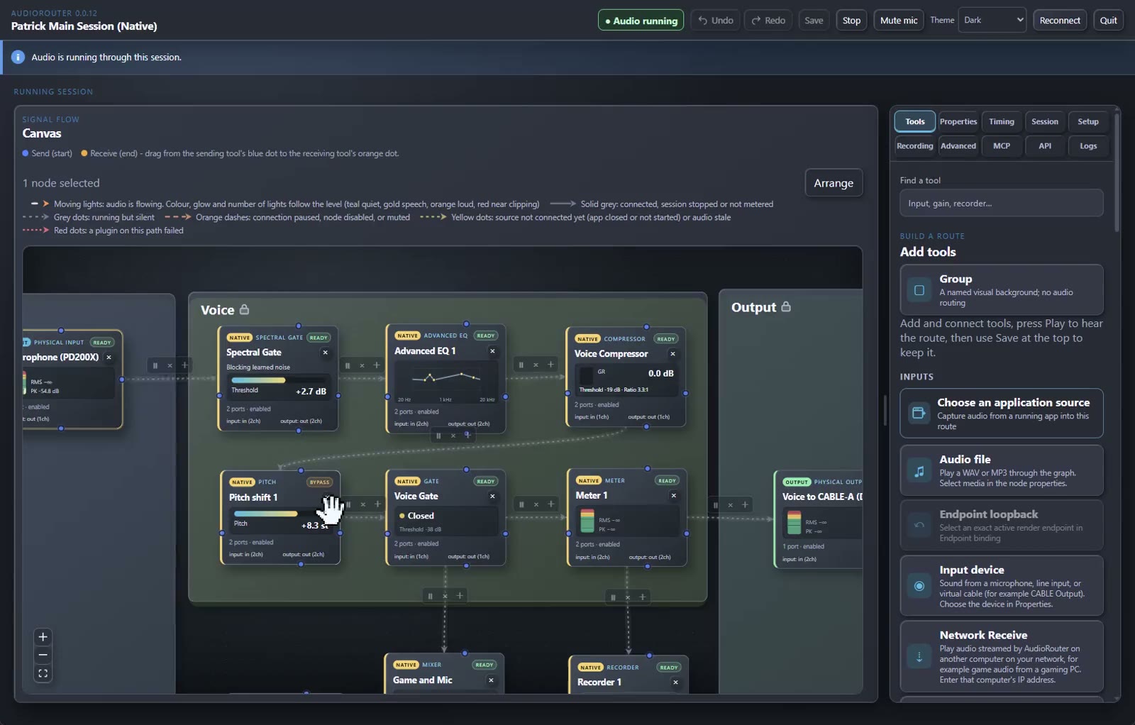 AudioRouter running a live route on the developer's desktop